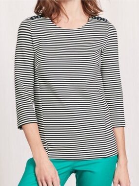 Boden Evie Ponte Knit Top Striped Anchor Buttons Size 10 Navy White Nautical
